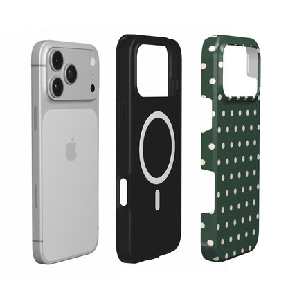Forest Green Polka Dot phone case — MagSafe iPhone case, shell and liner views