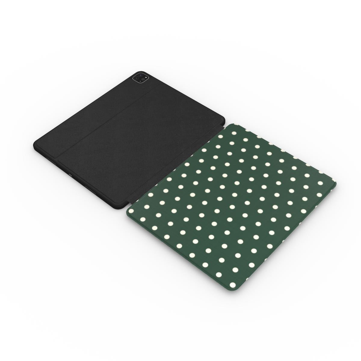 Forest Green Polka Dot iPad case opened flat — printed front cover with plain black interior