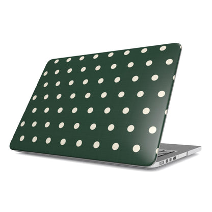 Forest Green Polka Dot MacBook case — cream polka dots on deep forest green, hard-shell laptop cover, angled lid view