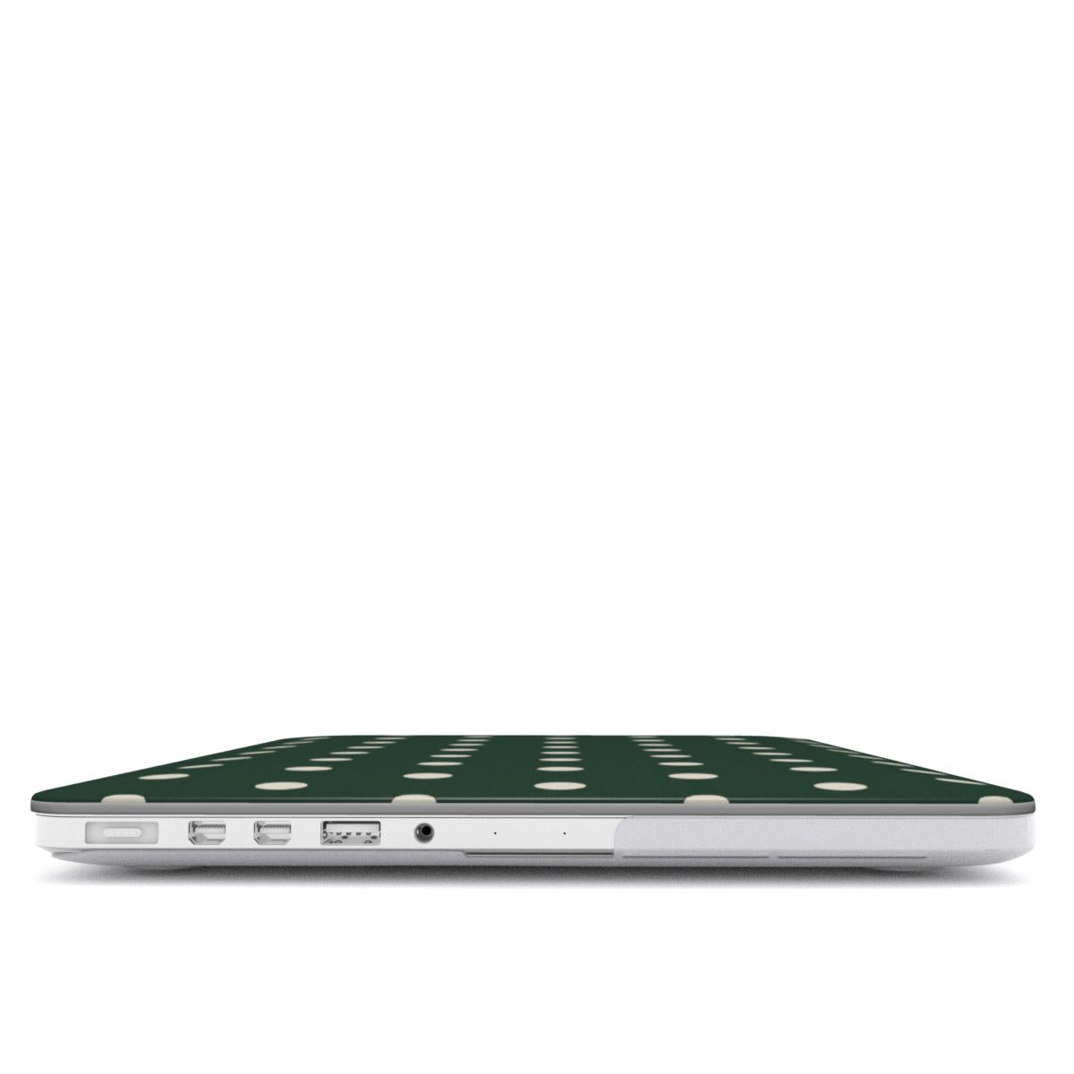 Forest Green Polka Dot MacBook case — hard-shell laptop cover, side view with ports