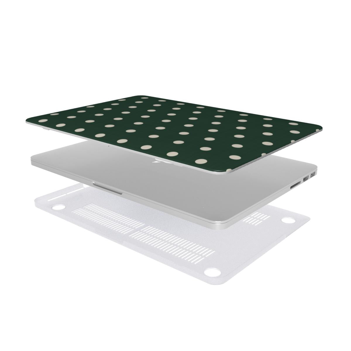 Forest Green Polka Dot MacBook case — hard-shell laptop cover, two-piece shell view