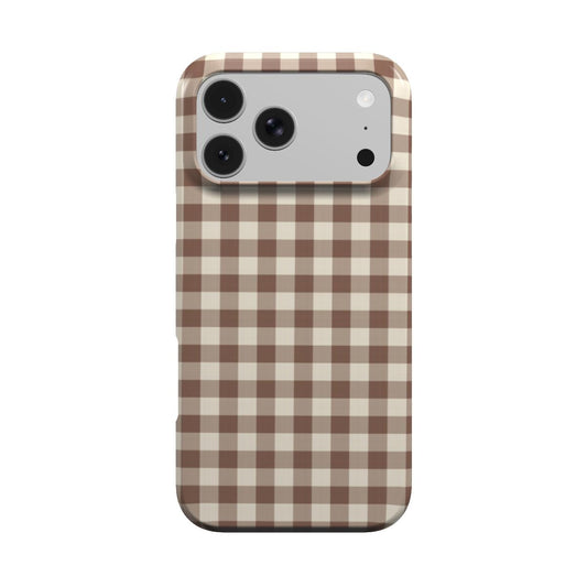 Brown Gingham phone case — mocha brown and cream gingham, MagSafe iPhone case, front view