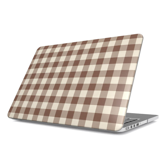 Brown Gingham MacBook case — mocha brown and cream gingham, hard-shell laptop cover, angled lid view