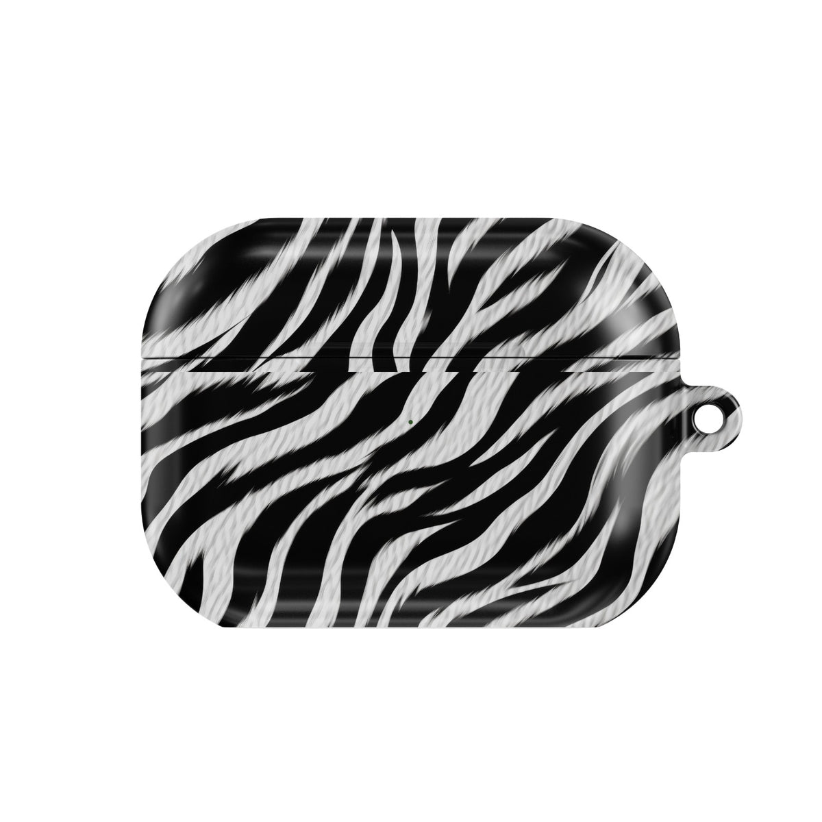 Zebra AirPods case — black & white zebra, closed front view