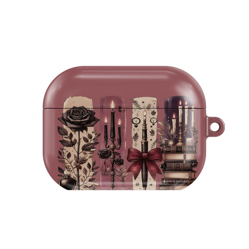 Dark Academia AirPods case — burgundy, closed front view