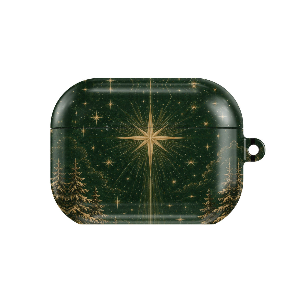 Christmas Star AirPods case — gold & green, closed front view