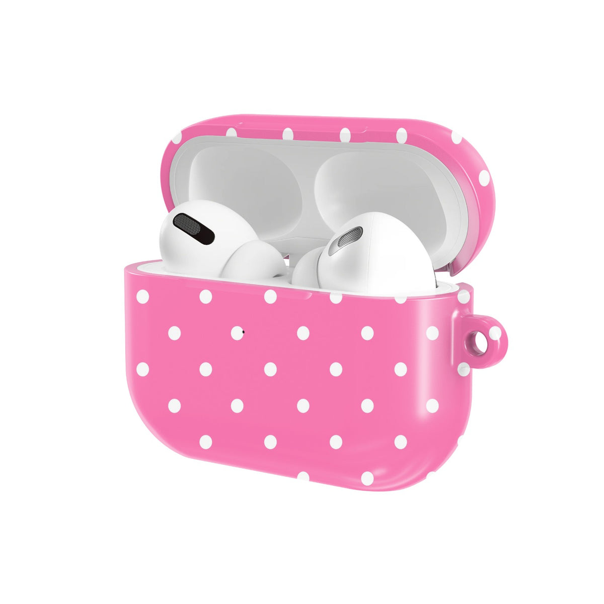 Candy Pink Polka Dot AirPods case — open angled view