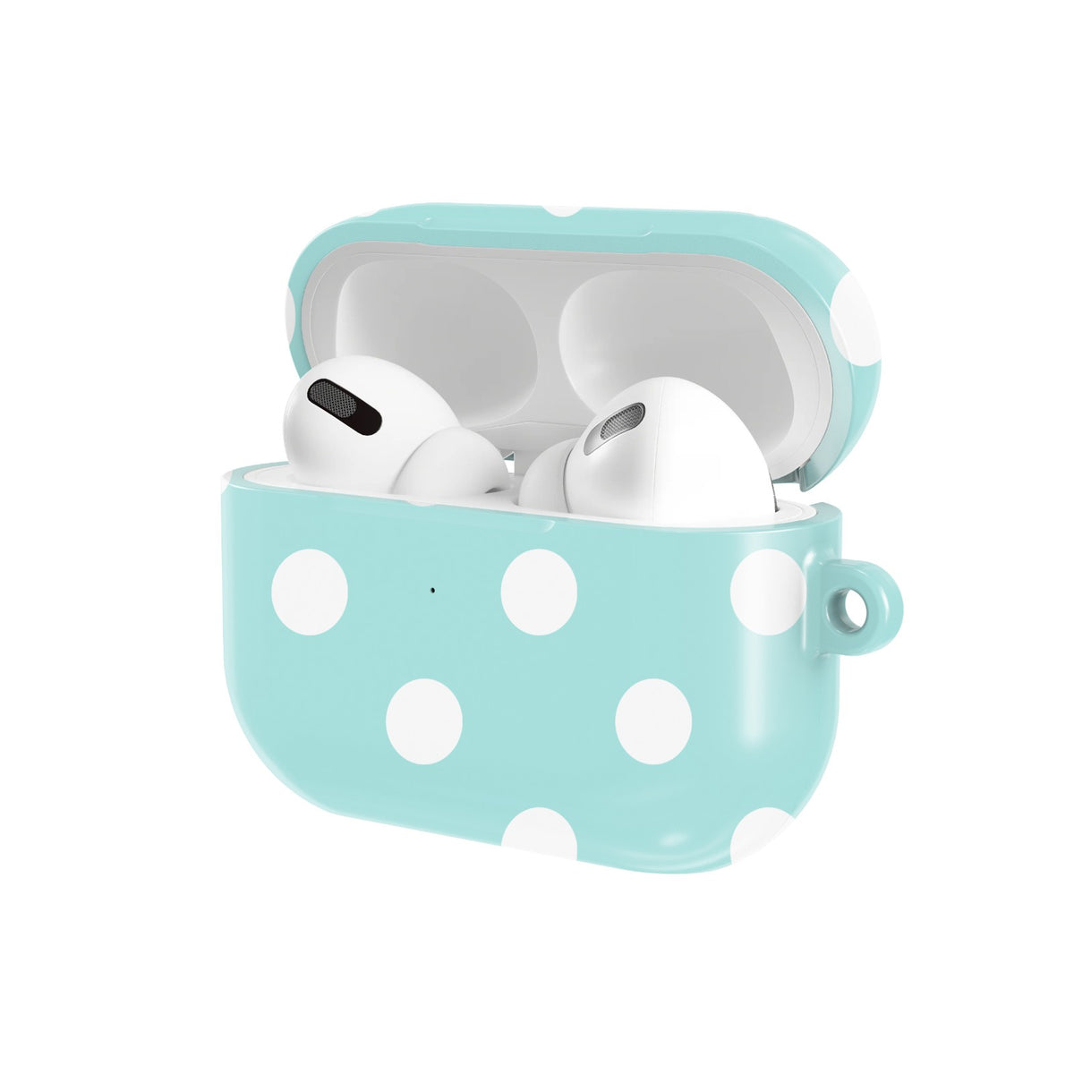 Aqua Polka Dot AirPods case — open angled view