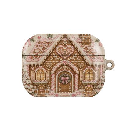 Gingerbread House AirPods case — pink christmas, closed front view
