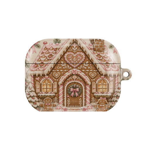 Gingerbread House AirPods case — pink christmas, closed front view