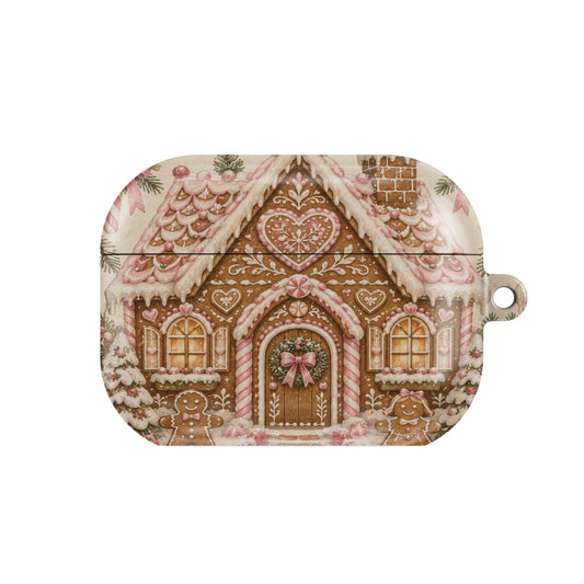 Gingerbread House AirPods case — pink christmas, closed front view