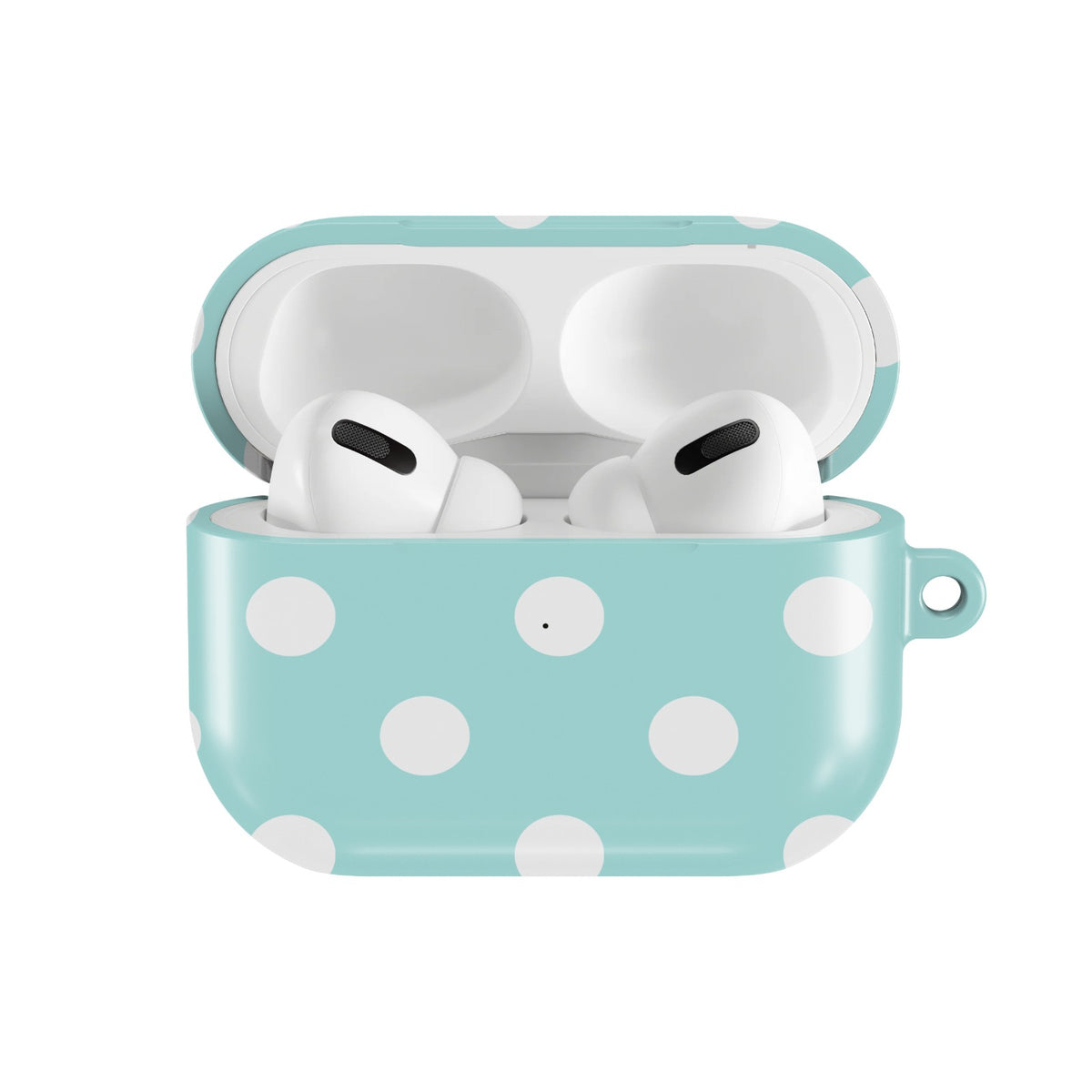 Aqua Polka Dot AirPods case — open front view