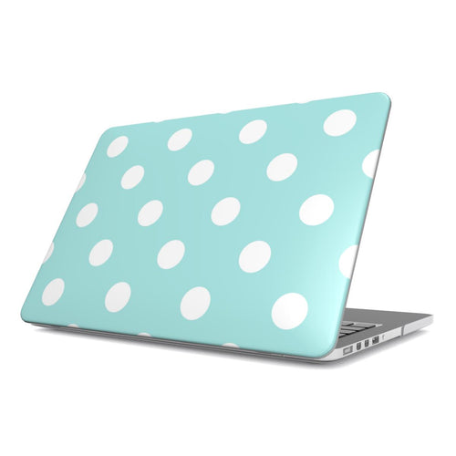 Aqua Polka Dot MacBook case — aqua dot, hard-shell laptop cover, angled lid view