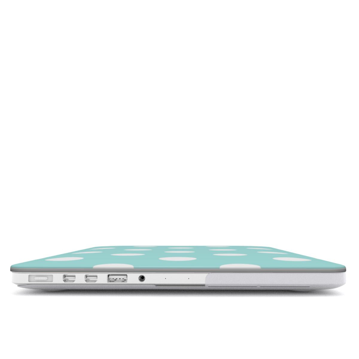 Aqua Polka Dot MacBook case — hard-shell laptop cover, side view with ports