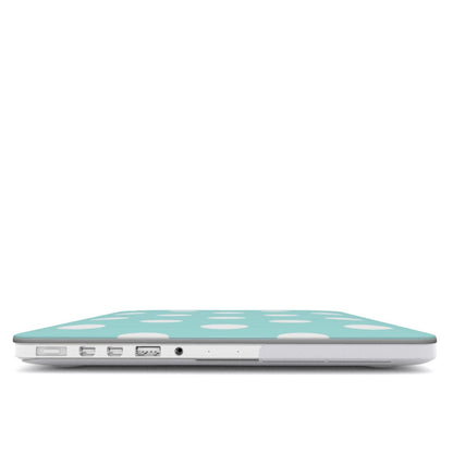 Aqua Polka Dot MacBook case — hard-shell laptop cover, side view with ports