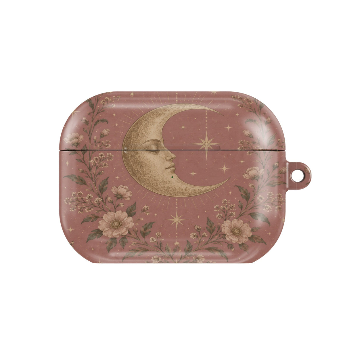 Rose Crescent Moon AirPods case — celestial pink, closed front view