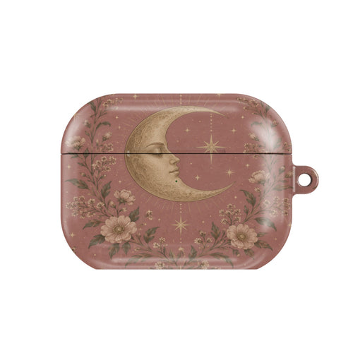 Rose Crescent Moon AirPods case — celestial pink, closed front view