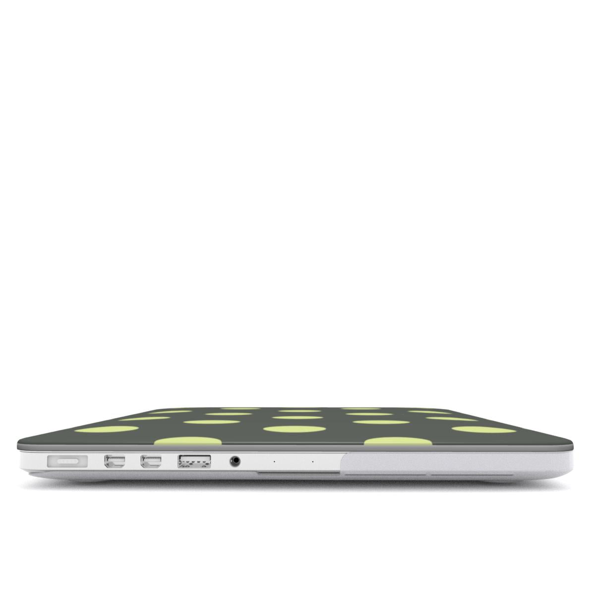 Slate & Lemon Polka Dot MacBook case — hard-shell laptop cover, side view with ports