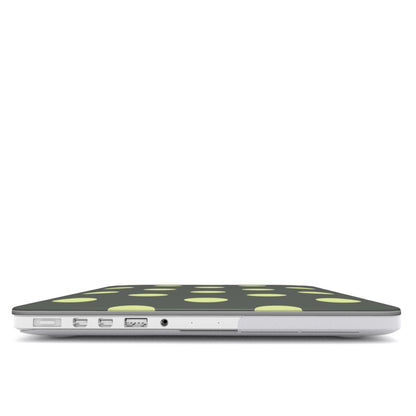 Slate & Lemon Polka Dot MacBook case — hard-shell laptop cover, side view with ports