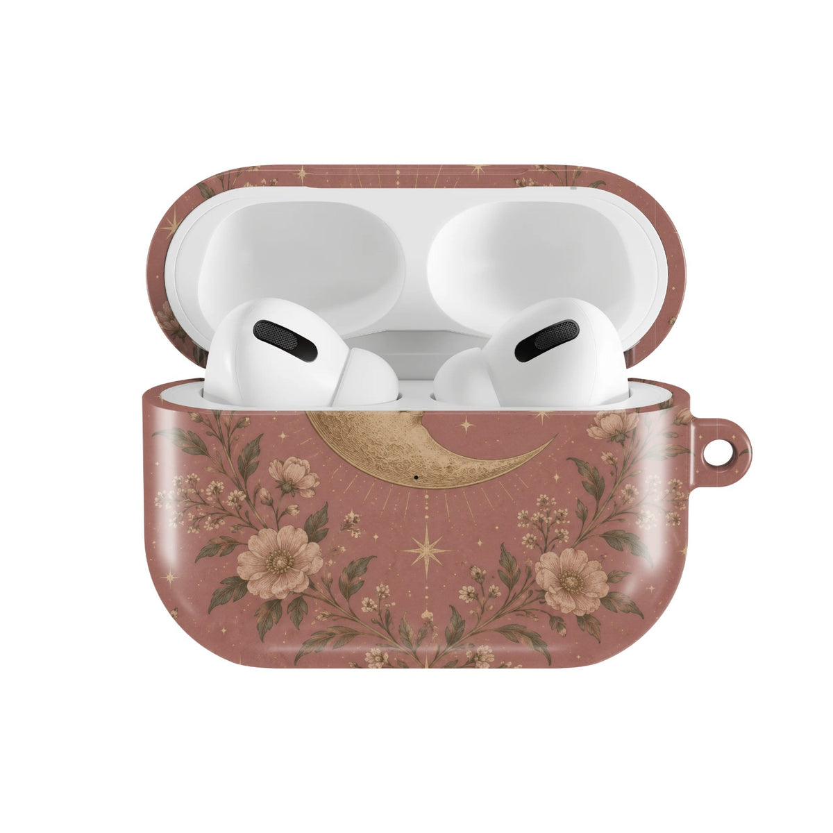 Rose Crescent Moon AirPods case — open front view