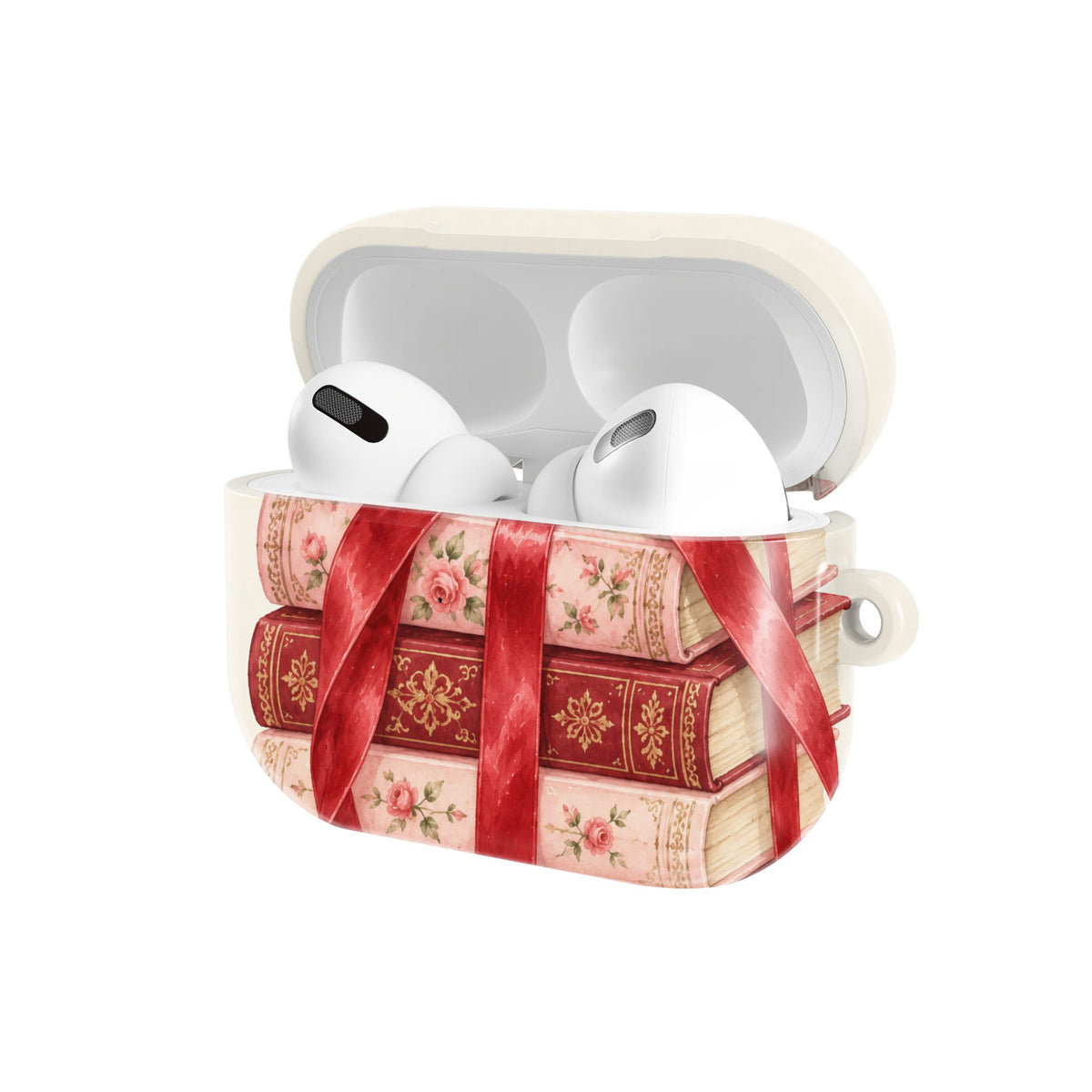 Cherry Bow Book Stack AirPods case — open angled view