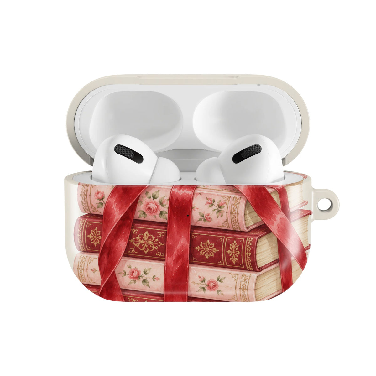 Cherry Bow Book Stack AirPods case — open front view