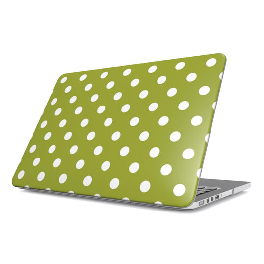Chartreuse Polka Dot MacBook case — lime dot, hard-shell laptop cover, angled lid view