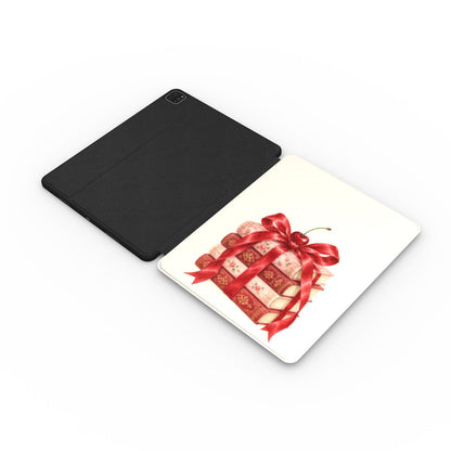 Cherry Bow Book Stack iPad case opened flat — printed front cover with plain black interior