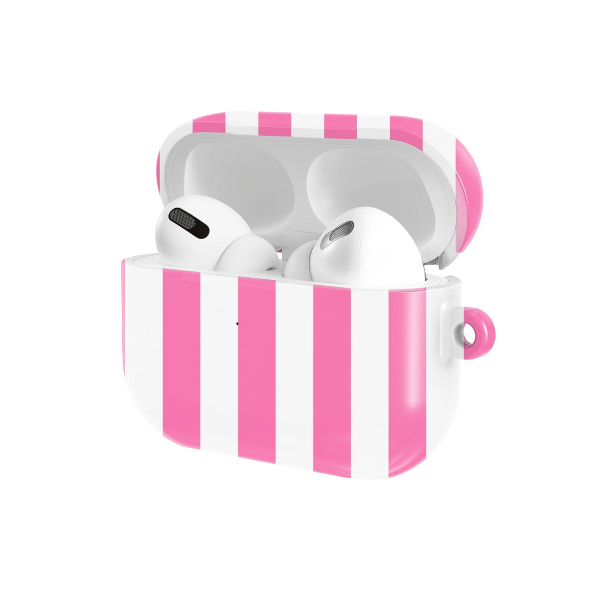 Pink Cabana Stripe AirPods case — open angled view