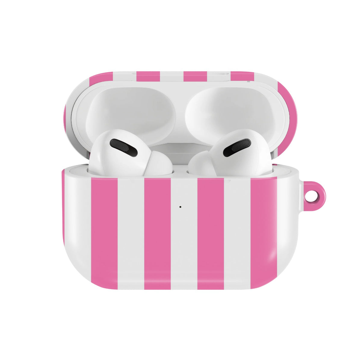 Pink Cabana Stripe AirPods case — open front view