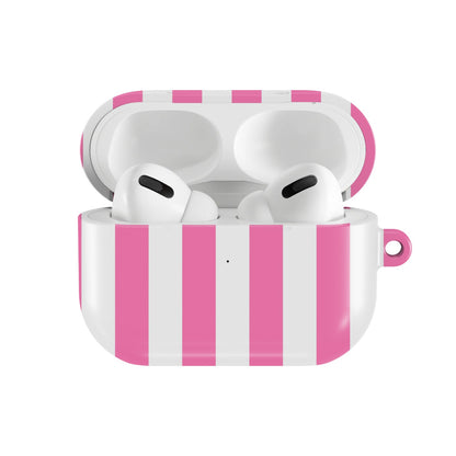 Pink Cabana Stripe AirPods case — open front view