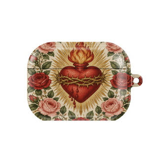 Sacred Heart & Roses AirPods case — vintage rose, closed front view