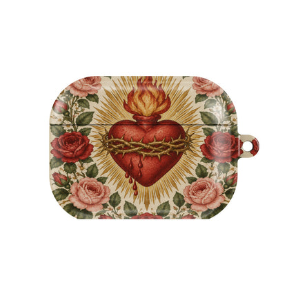 Sacred Heart & Roses AirPods case — vintage rose, closed front view