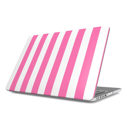 Pink Cabana Stripe MacBook case — pink stripe, hard-shell laptop cover, angled lid view