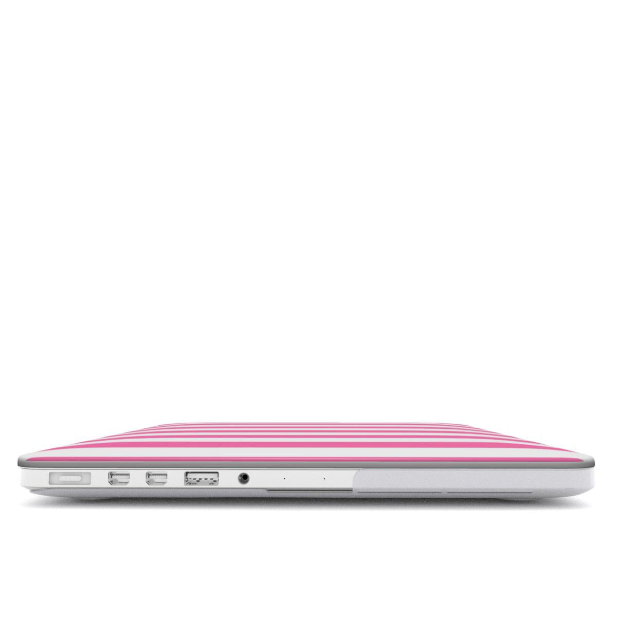 Pink Cabana Stripe MacBook case — hard-shell laptop cover, side view with ports