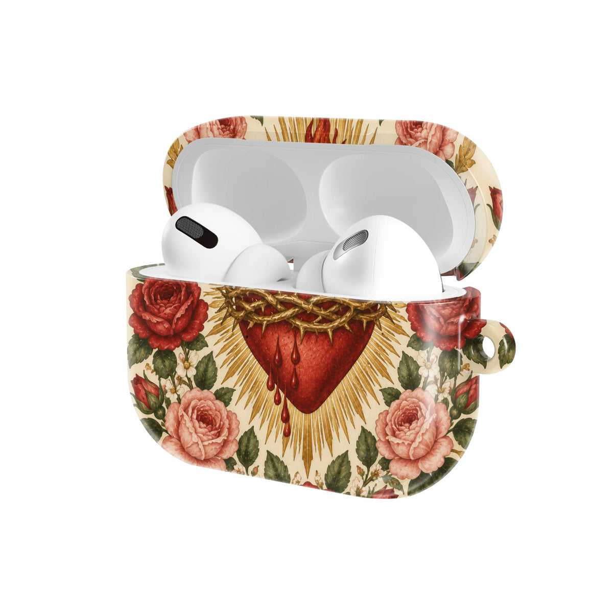 Sacred Heart & Roses AirPods case — open angled view