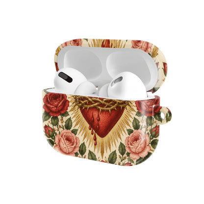 Sacred Heart & Roses AirPods case — open angled view