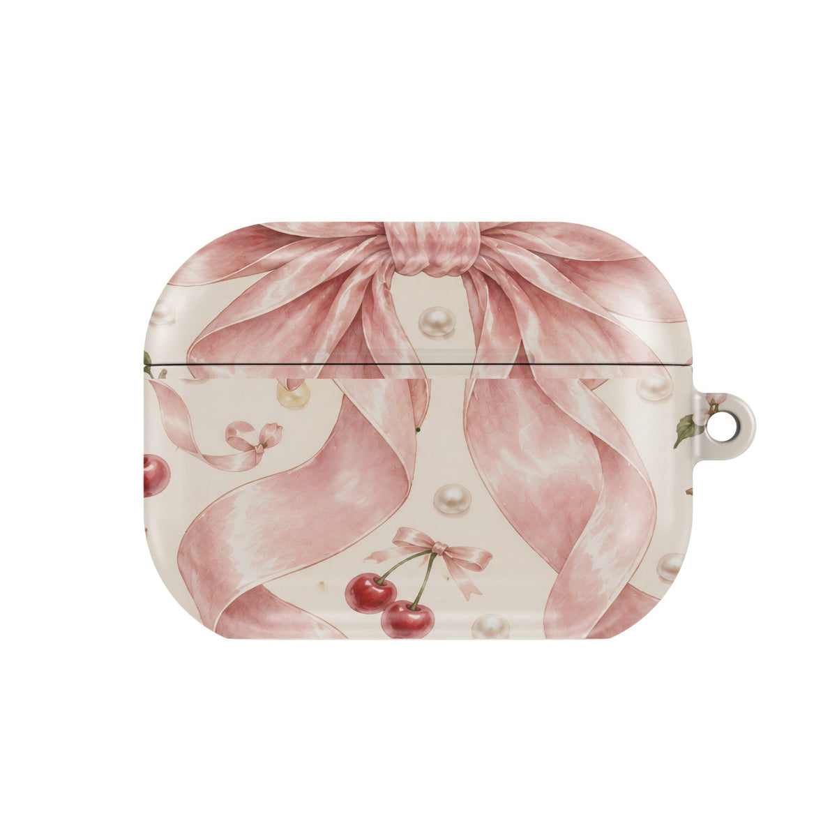 Satin Bow & Cherries AirPods case — coquette, closed front view