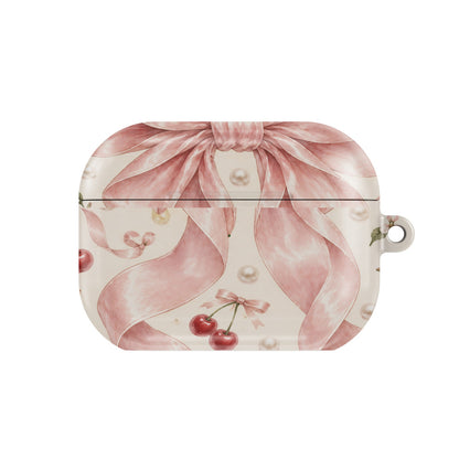 Satin Bow & Cherries AirPods case — coquette, closed front view