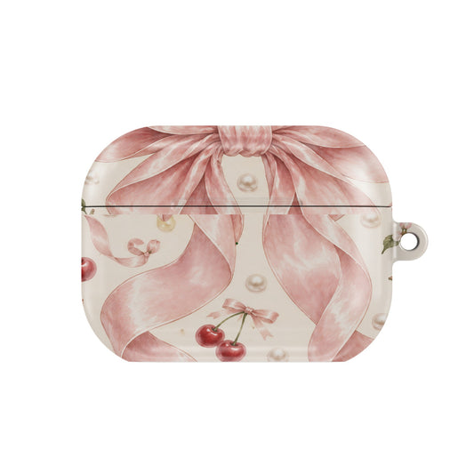 Satin Bow & Cherries AirPods case — coquette, closed front view