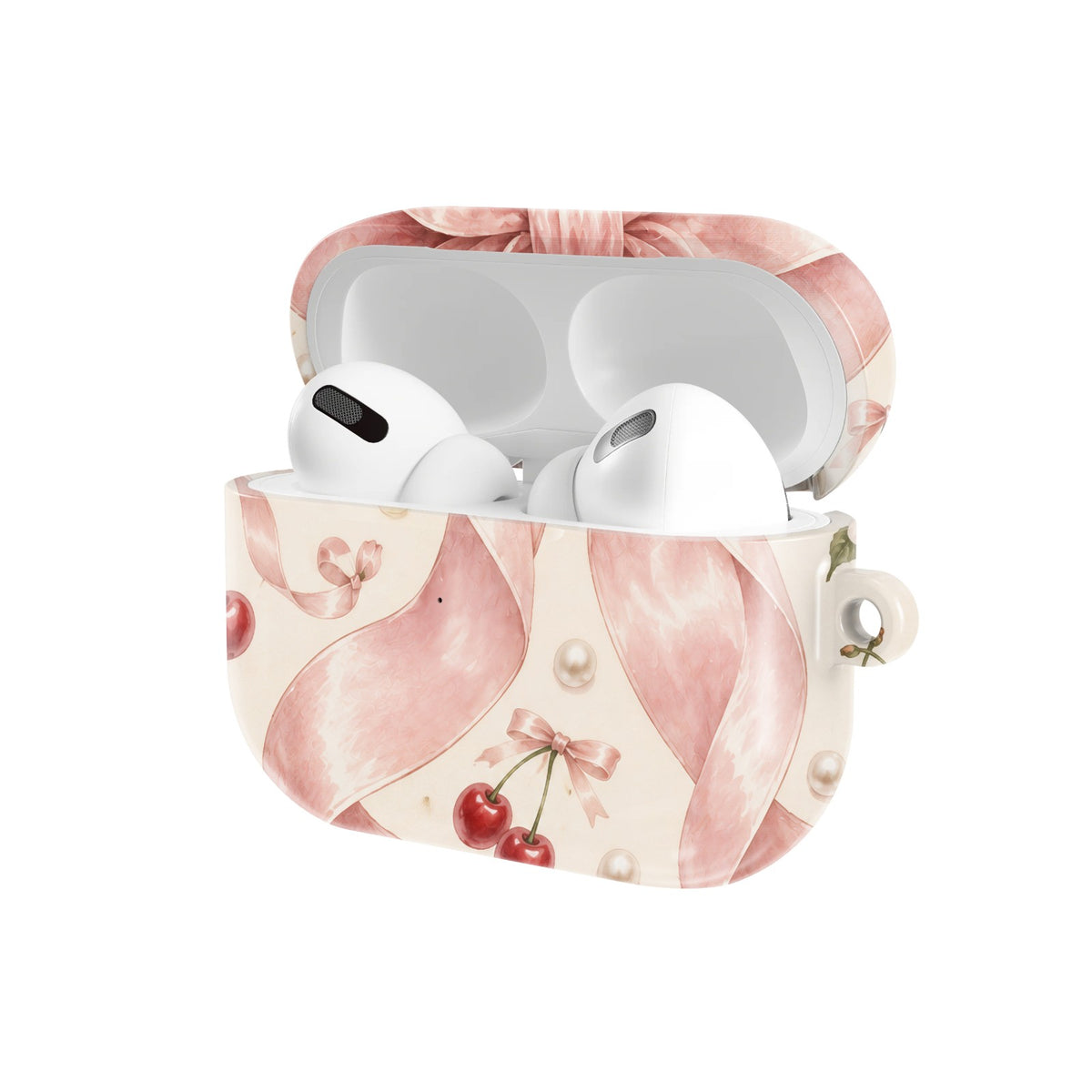 Satin Bow & Cherries AirPods case — open angled view
