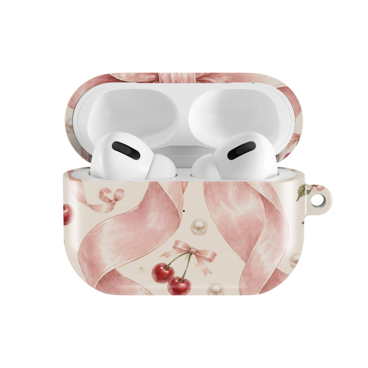 Satin Bow & Cherries AirPods case — open front view