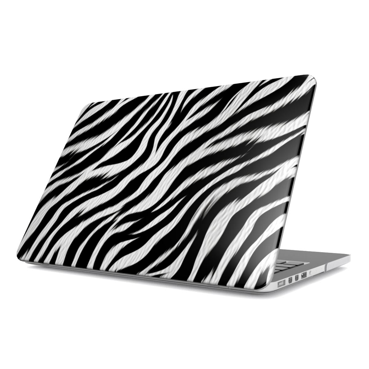 Zebra MacBook case — black & white zebra, hard-shell laptop cover, angled lid view