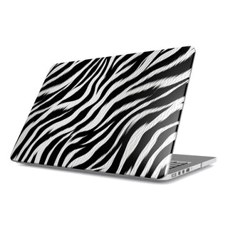 Zebra MacBook case — black & white zebra, hard-shell laptop cover, angled lid view