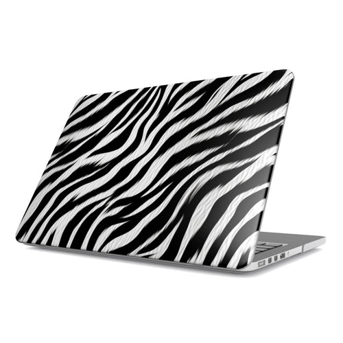 Zebra MacBook case — black & white zebra, hard-shell laptop cover, angled lid view