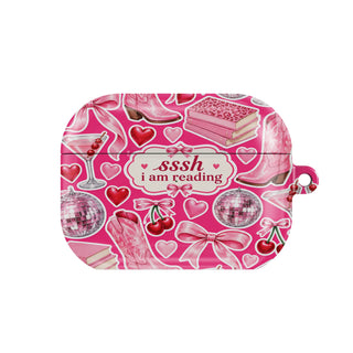 Sssh I Am Reading AirPods case — pink bookish, closed front view