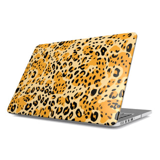 Golden Cheetah MacBook case — cheetah print, hard-shell laptop cover, angled lid view