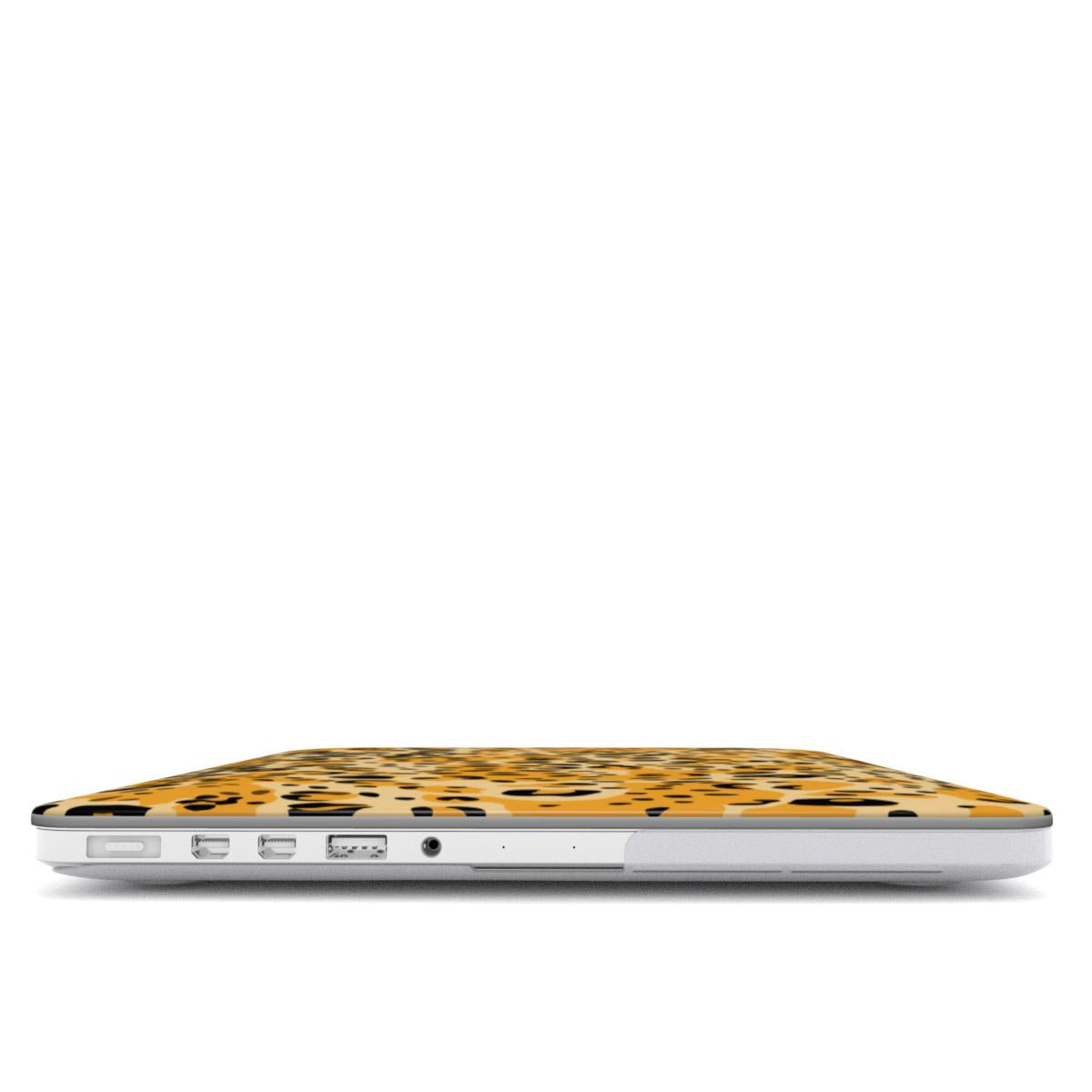 Golden Cheetah MacBook case — hard-shell laptop cover, side view with ports