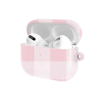 Blush Buffalo Check AirPods case — open angled view