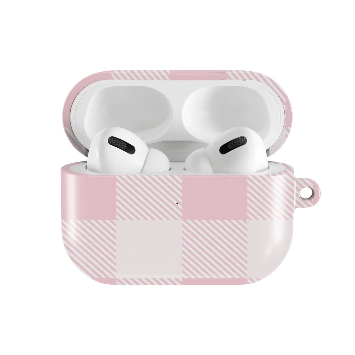 Blush Buffalo Check AirPods case — open front view